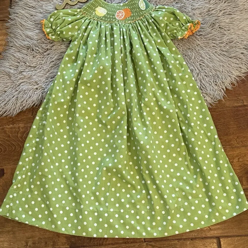 Ginger Hares Smocked Dress Girls Green White Polkadot Citrus Fruits Size 5